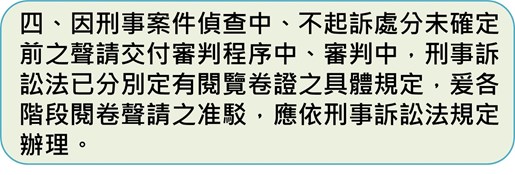 四、因刑事案件偵查中、不起訴處分未確定前之聲請交付審判程序中、審判中，刑事訴訟法已分別定有閱覽卷證之具體規定，爰各階段閱卷聲請之准駁，應依刑事訴訟法規定辦理。
